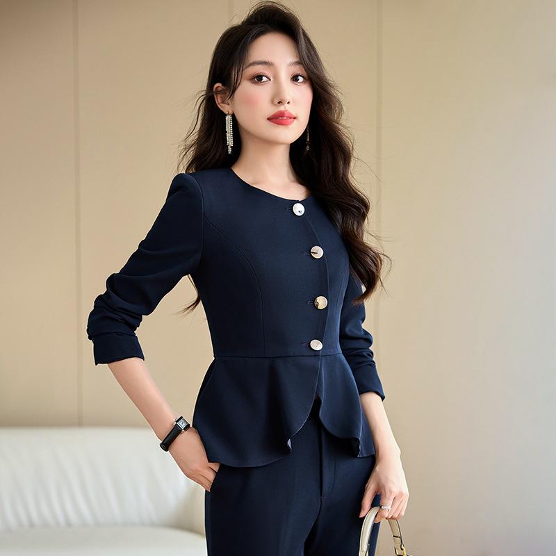 セットアップ レディース パンツスーツ テーラードジャケット スラックス 長袖 無地 事務服 接客 通勤 きれいめ 上品 高級感 伸縮性 快適 ポリエステル ポリウレタン ブルー アプリコット ブラック 秋冬