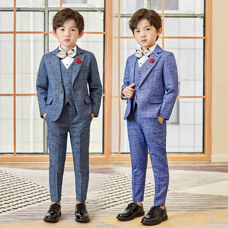 スーツ 男の子 セットアップ フォーマル 礼服 ジャケット ベスト パンツ ストライプ 英国風 秋冬 結婚式 発表会 演奏会 子供服 キッズ グレー ブルー ボタン 長袖 ポリエステル レーヨン 裏地 高級感