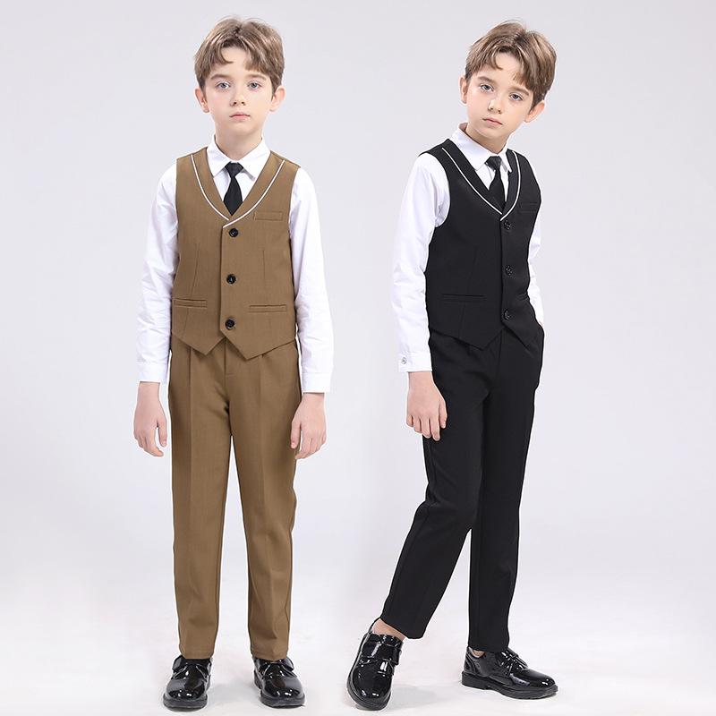 スーツ 男の子 キッズ セットアップ 英国風 紳士 ベスト パンツ シャツ ピアノ 発表会 演奏会 結婚式 礼服 フォーマル 冠婚葬祭 Vネック ボタン 春秋 ブラウン ブラック カーキ ポリエステル 混紡 高級感 切替