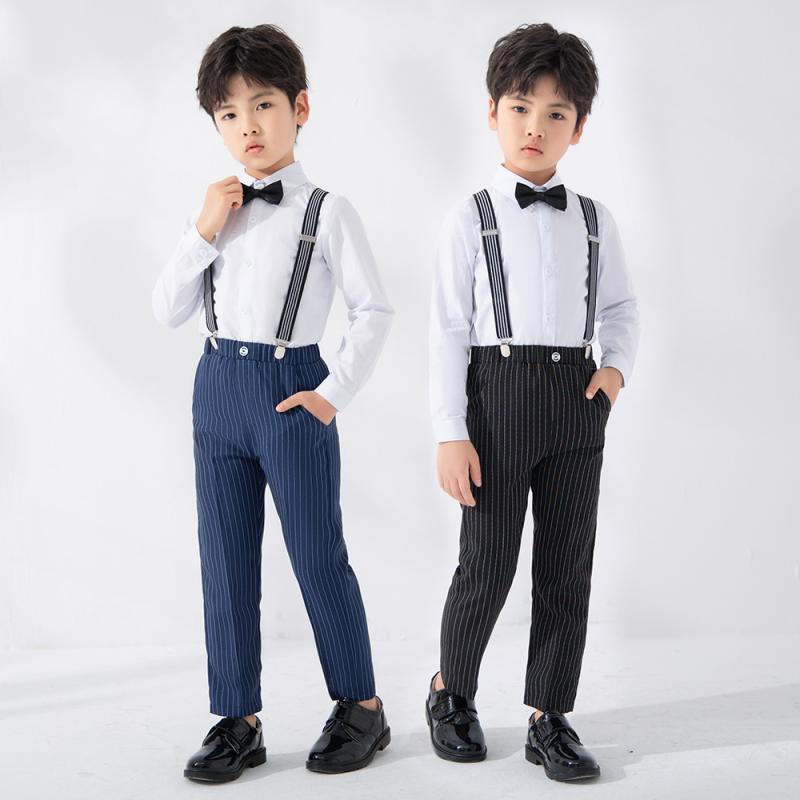 スーツ 男の子 セットアップ 上下セット 礼服 フォーマル キッズ 子供 英国風 サスペンダー ロングパンツ シャツ 蝶ネクタイ 卒業式 発表会 結婚式 春夏 ポリエステル ブラック ネイビー