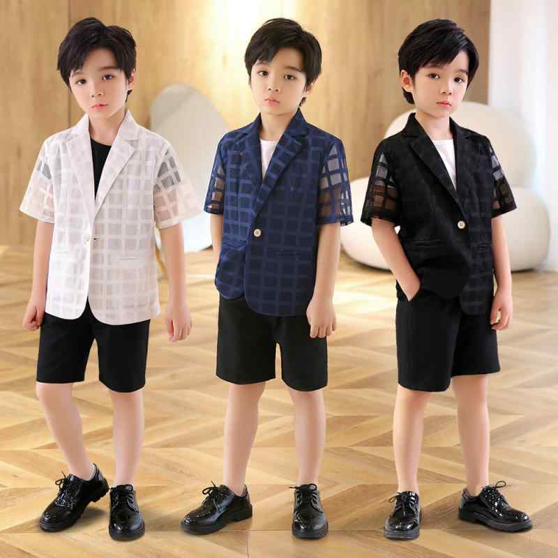 キッズスーツ 男の子 セットアップ フォーマル 春夏 半袖 ジャケット ハーフパンツ 90-170cm 英国風 チェック 格子柄 涼しい 発表会 結婚式 七五三 通気性 高級感 日焼け防止 ブルー ホワイト ブラック