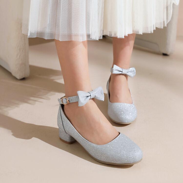 パンプス 女の子 キッズ 子供靴 親子ペア 英国風 リボン ストラップ フラットシューズ スパンコール キラキラ ぺたんこ 浅履き 春秋 発表会 結婚式 入園式 PVC素材 ブラック ゴールド シルバー かわいい おしゃれ シューズ 高級感