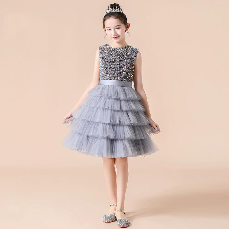 ドレス 女の子 キッズ ピアノ発表会 結婚式 パーティー ワンピース ティアード プリンセス ふんわり かわいい 高級感 ポリエステル グレー ダークグリーン ワインレッド オールシーズン