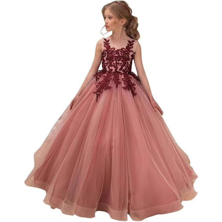 ドレス 女の子 キッズ プリンセス ロング丈 発表会 結婚式 フラワーガール レッド ブラック ホワイト オールシーズン フォーマル 子供服 ジュニア 洋風 かわいい 高級感 チュール フレア Aライン ノースリーブ
