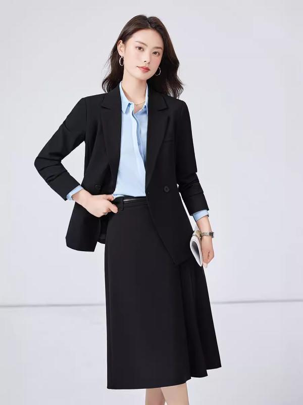 スーツ セットアップ レディース 女性用 秋冬 ネイビー ブラック ブルー ポリエステル 長袖 ジャケット ロングスカート ブラウス フォーマル 通勤 冠婚葬祭 事務服 上品 エレガント 高級感 きれいめ 無地 大きいサイズ