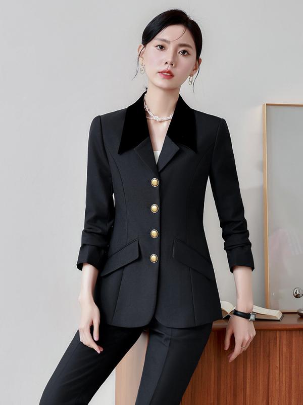 セットアップ レディース パンツスーツ スラックス テーラードジャケット 長袖 ビジネス 通勤 オフィス 事務服 受付 フォーマル 高級感 きれいめ エレガント ボタン 春秋 ポリエステル グレー ブラック ネイビー