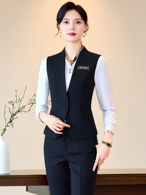 ベスト セットアップ レディース 秋冬 パンツ スカート シャツ ホテル 接客 飲食店 事務服 制服 ユニフォーム 仕事着 ワークウェア 上品 フォーマル ビジネス オフィス 通勤 伸縮性 ポリエステル ネイビー ブラック グレー 無地 シンプル 大きい