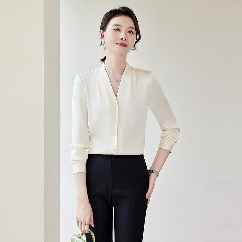 ブラウス レディース 秋冬 長袖 シフォン シャツ トップス Vネック 高級感 上品 通勤 事務服 オフィス ビジネスカジュアル 黒 白 アプリコット 無地 前開き 切り替え きれいめ 大人 フェミニン 清楚 インナー ボタン