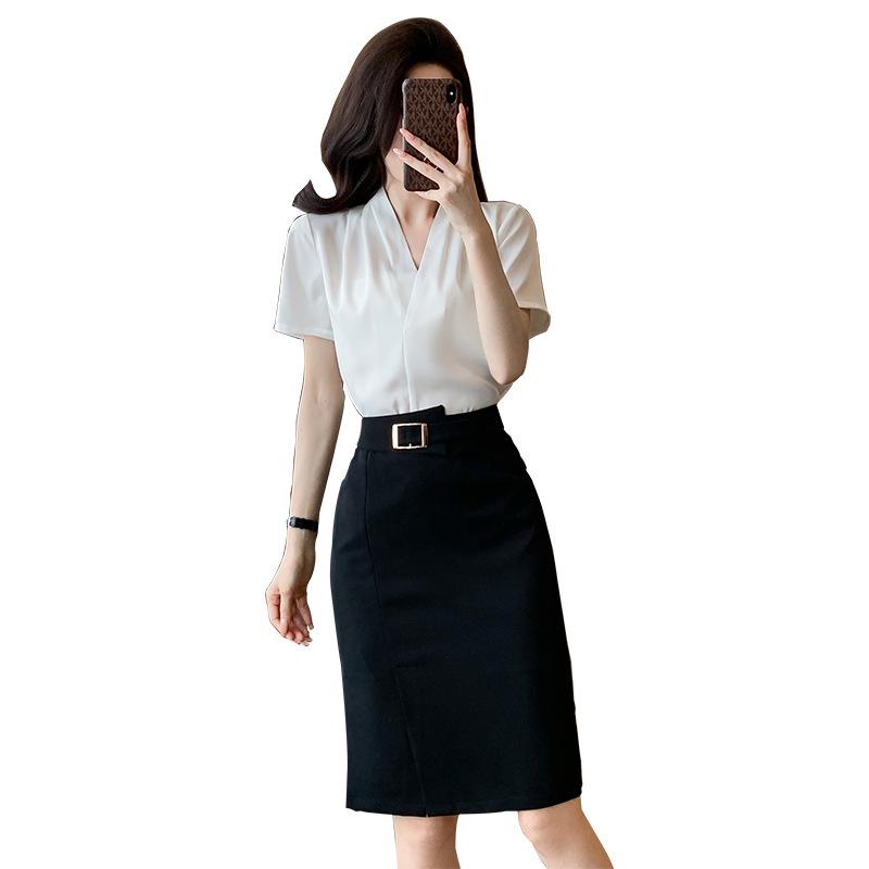 セットアップ レディース 春夏 半袖 シャツ ブラウス Vネック スリム 切り替え 事務服 オフィス 通勤 スーツ パンツ スカート 無地 白 黒 きれいめ 上品 高級感 伸縮性 形態安定 防シワ 立体裁断