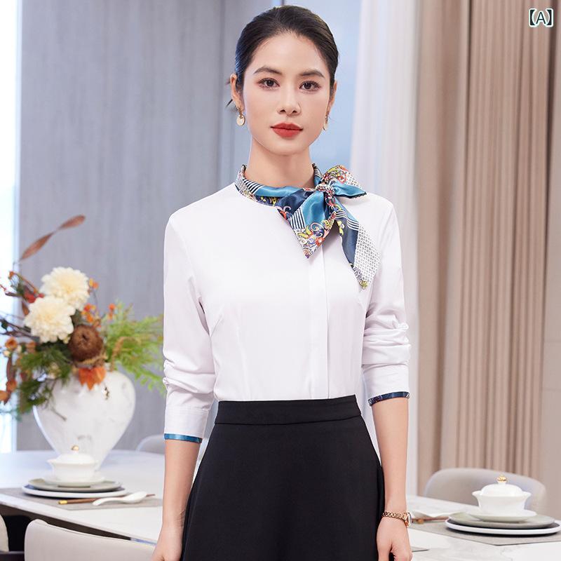 シャツ レディース ブラウス 長袖 春夏 事務服 ホテル 美容師 制服 ユニフォーム トップス リボン ボウタイ スカーフ襟 無地 ポリエステル ボタン スリム 30代 白 紺 きれいめ エレガント 清潔感 高級感