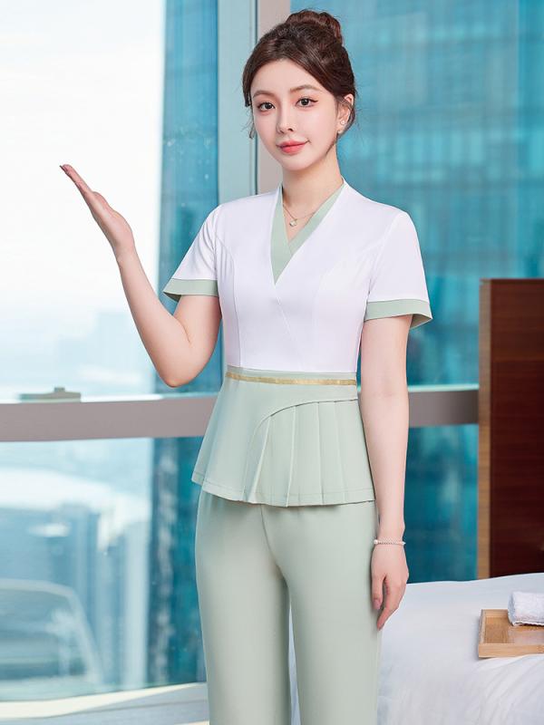 セットアップ レディース 春夏 半袖 パンツスーツ スカート 制服 エステ 美容師 マッサージ 施術着 ワークウェア ストレッチ きれいめ 配色 ノーアイロン ポリエステル シワになりにくい ブルー グリーン ピンク