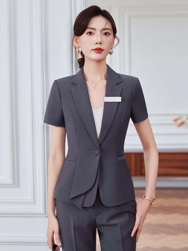 スーツ レディース セットアップ 春夏 半袖 スリム 制服 スカート パンツ 高級感 ホテル ジュエリーショップ 美容師 ユニフォーム タイト ウォッシャブル ストレッチ ポリエステル スパンデックス グリーン オフホワイト ブラック