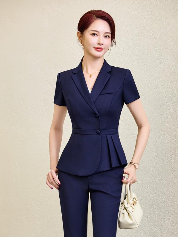 セットアップ レディース スーツ 上下セット 半袖 ジャケット スカート パンツ 事務服 制服 オフィス 春夏 高級感 スリム 美シルエット ストレッチ 伸縮性 軽量 ブルー グレー ブラック ポリエステル