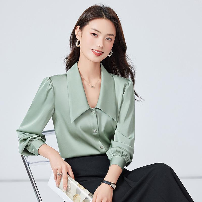 シャツ レディース ブラウス 事務服 仕事着 長袖 襟 セットアップ 通勤 オフィス ビジネス きれいめ 高級感 上品 春秋 フレンチスタイル 無地 ランタンスリーブ ボタン ポリエステル ホワイト ブルー グリーン