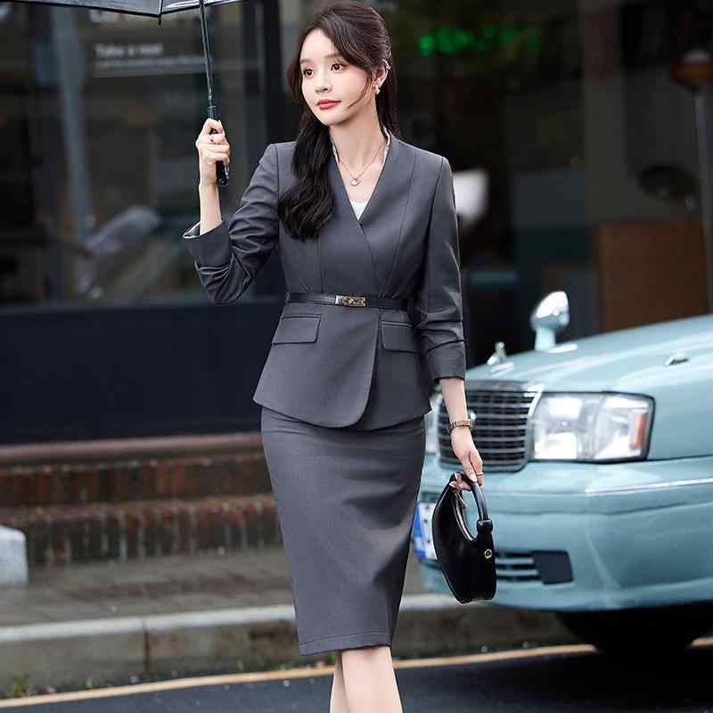 スーツ レディース 秋冬 セットアップ 上下セット 仕事着 ホテル レストラン ジャケット パンツ スカート 事務服 制服 ウエストシェイプ スリム 高級感 エレガント 上品 長袖 ポリエステル グレー ブラック ネイビー