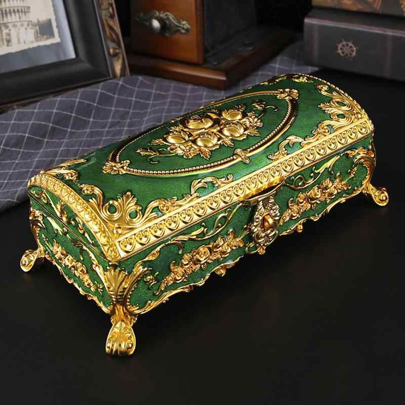 ジュエリーボックス 宝石箱 アクセサリーケース ジュエリーケース 収納ボックス 欧風 ヨーロピアン アンティーク調 レトロ クラシック 高級感 豪華 おしゃれ 卓上 インテリア 合金製 防塵 防湿 ゴールドグリーン ゴールドパープル