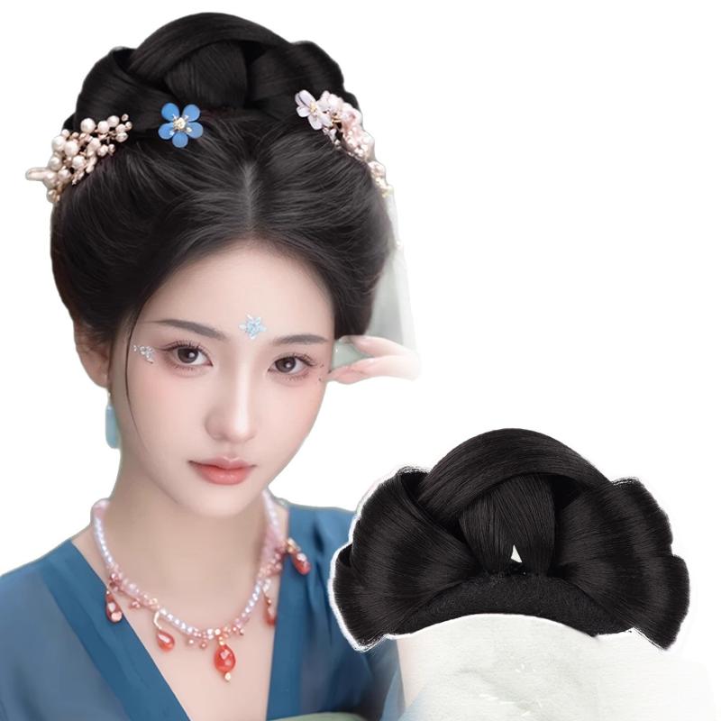 ウィッグ メンズ レディース カチューシャ ヘアピース お団子 漢服 髪飾り ヘッドドレス 唐装風 シニヨン 付け毛 エクステ ボリュームアップ 簡単装着 撮影用 コスプレ イベント 和服 着物 浴衣 耐熱 自然 古風 レトロ 華やか エレガント かわい