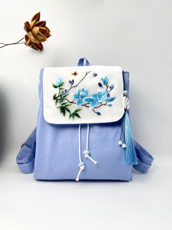 リュック レディース 漢服 蘇州刺繍 バッグ 鞄 古風 伝統的 中華 花柄 タッセル 切り替え 秋冬 ライトブルー グリーン ピンク ポリエステル 普段使い お出かけ レトロ かわいい おしゃれ 高級感