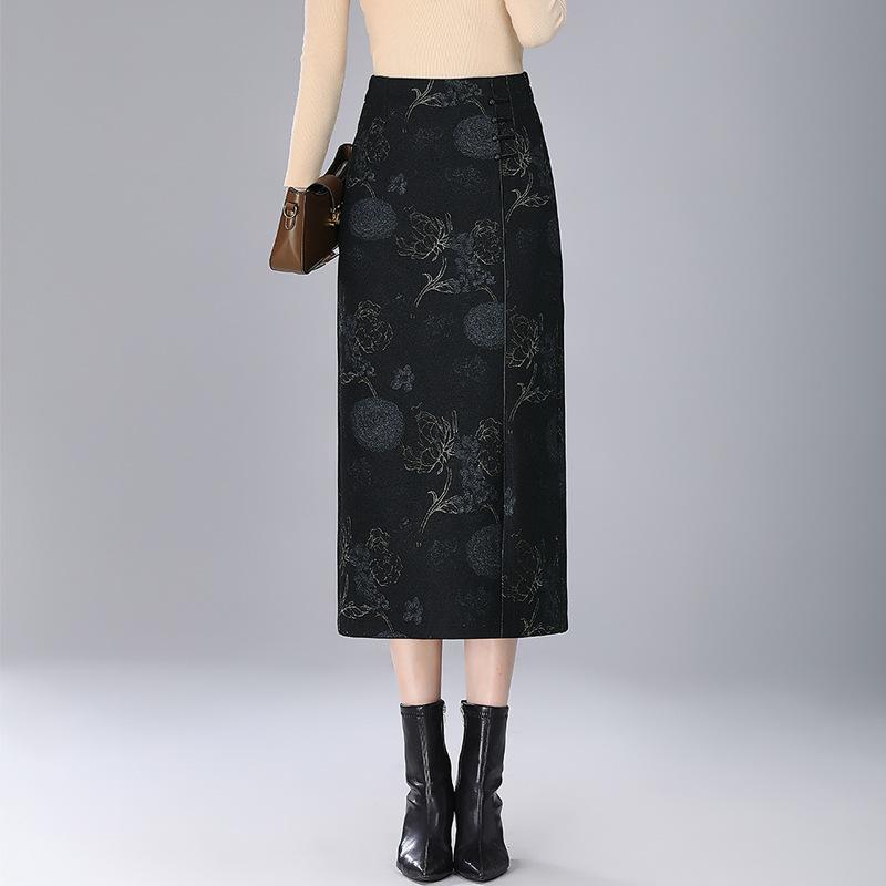 タイトスカート レディース ペンシル ミモレ ロング ボトムス プリント 花柄 通勤 オフィス 細見え 着痩せ エレガント 上品 高級感 ポリエステル 秋冬 伸縮性 ストレッチ ブラック ブラウン ロータス