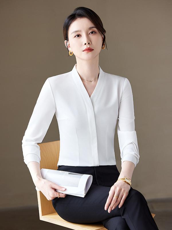 シャツ レディース ブラウス 事務服 長袖 Vネック 制服 トップス オフィス ビジネス 接客 ユニフォーム スリム 形態安定 ノーアイロン イージーケア 無地 シンプル 高級感 エレガント きれいめ 白 ブルー 秋冬