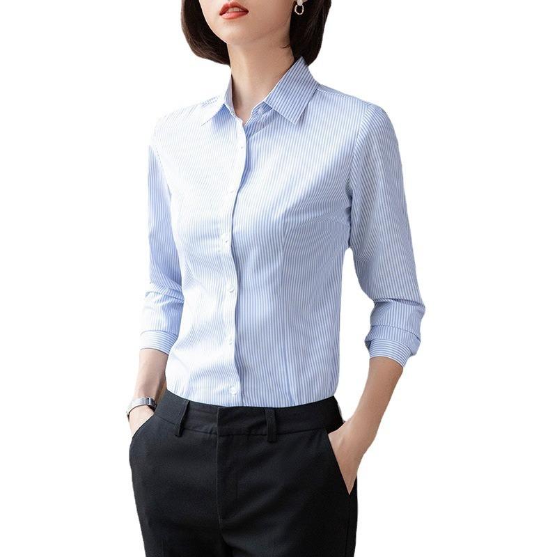 シャツ メンズ レディース 春秋 ストライプ ブルー スクエアカラー 長袖 コットン ポリエステル 事務服 通勤 オフィス カジュアル スリム 形態安定 ブラウス ビジネス トップス 制服 爽やか 上品 清潔感