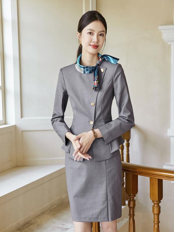 スーツ レディース セットアップ パンツ スカート 事務服 制服 ホテル 受付 美容院 スカーフカラー 長袖 秋冬 ポリエステル 伸縮性 高級感 きれいめ ネイビー グレー
