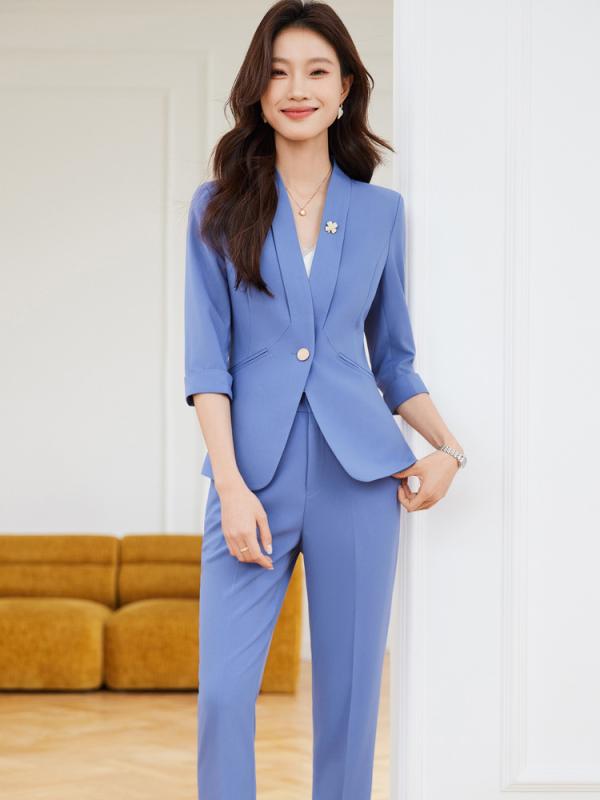 スーツ レディース セットアップ 春夏 五分袖 九分丈 パンツ 事務服 ビジネス オフィス 通勤 礼服 ウエストマーク 着痩せ 細見え テーラードジャケット 高級感 エレガント ポリエステル ブルー アプリコット ピンク