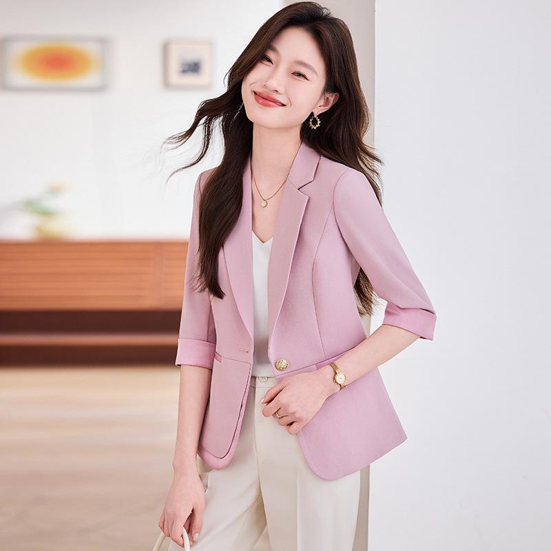 テーラードジャケット レディース ライトブルー ピンクパープル ベージュ 春夏 7分袖 薄手 アウター ブレザー 通勤 オフィス カジュアル きれいめ スリム ポリエステル 無地 ボタン 小さいサイズ 軽量