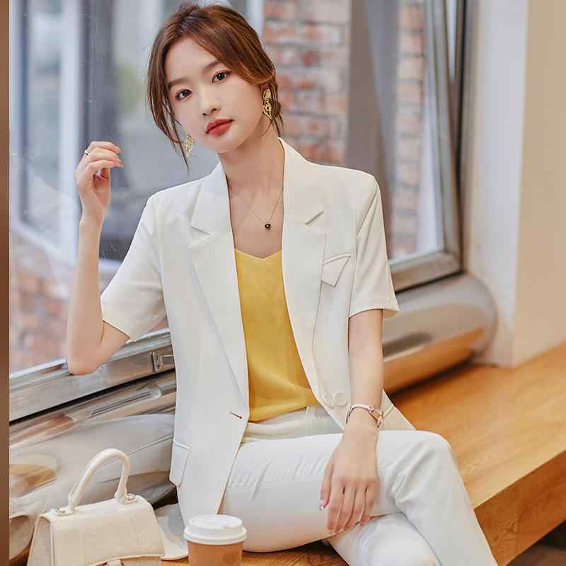 セットアップ レディース 夏 半袖 テーラードジャケット 九分丈パンツ スーツ 事務服 通勤 仕事 形態安定 無地 涼しい 薄手 高級感 オフィスカジュアル きれいめ 上品 低身長 ポリエステル 白 黒 グリーン