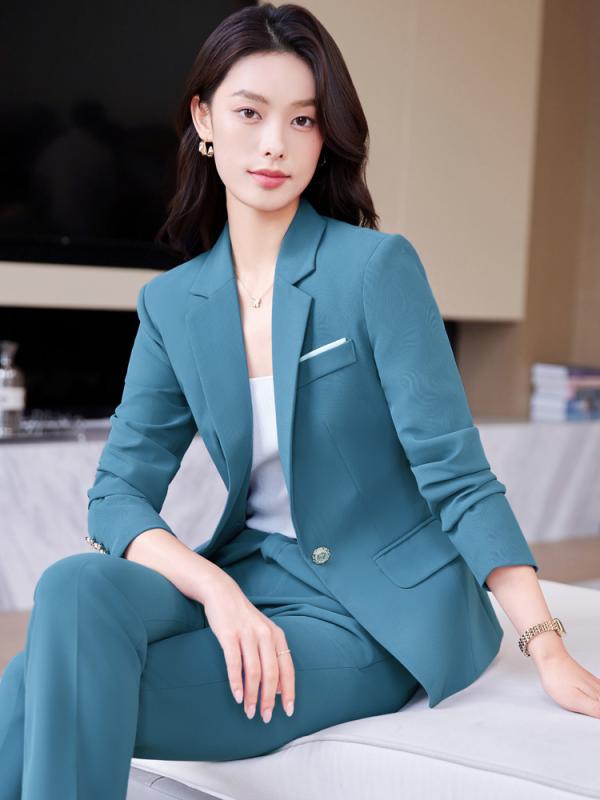セットアップ レディース 秋冬 パンツスーツ テーラードジャケット 事務服 ビジネス 通勤 フォーマル スリム ショート丈 無地 ボタン 長袖 ポリエステル 上品 きれいめ 体型カバー ブラック アプリコット ブルー 40代