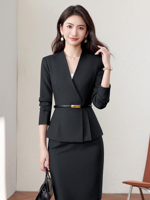 スーツ レディース セットアップ テーラードジャケット 長袖 春秋 通勤 受付 接客 事務服 制服 ビジネス フォーマル きれいめ 上品 高級感 ポリエステル 伸縮性 防シワ ボタン 無地 30代 ネイビー ブラック グレー