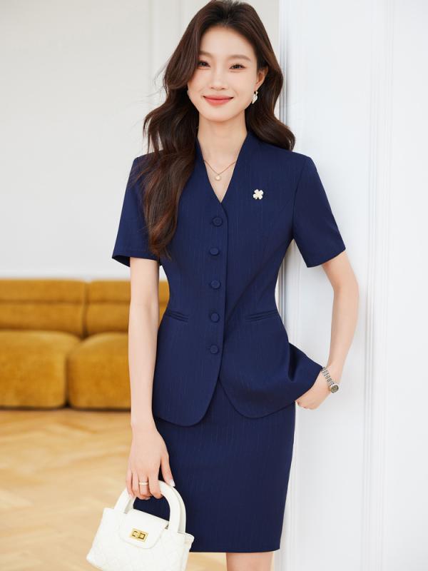 セットアップ レディース スーツ 春夏 半袖 ジャケット パンツスーツ スカートスーツ 事務服 制服 仕事服 正装 高級感 オフィス 接客 受付 エレガント きれいめ 上品 フォーマル ビジネス ショート丈 ポリエステル ネイビー ホワイト ブラック