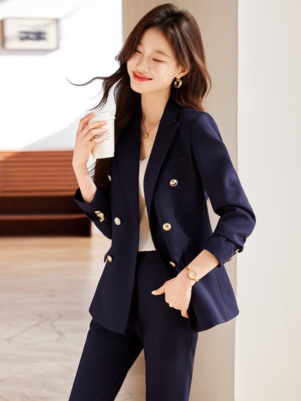 スーツ レディース 秋冬 セットアップ テーラードジャケット オフィス 制服 ホテル 接客 美容院 ポリエステル 高級感 エレガント 上品 フォーマル ビジネス 長袖 ロングパンツ ネイビー グレー カーキ