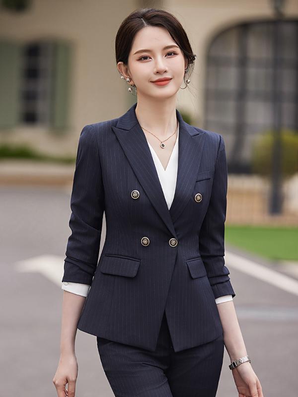 セットアップ レディース スーツ ストライプ ズボン パンツ テーラードジャケット 長袖 事務服 ビジネス 通勤 オフィス フォーマル スリム 細見え 高級感 春夏 ブルー ブラック グレー ポリエステル ボタン