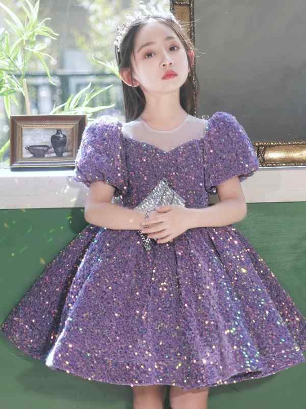 御召しもの うしろ帯 スパンコール 紫 御姫様 告げ知らせる会 生まれ落ちる日 フォーマル 公演服 キラキラ 可愛らしい キッズ 110糎 120糎 130糎 140糎 150糎 160糎 ポリエステル 筋目 ギャザー オール時節 飛び切り感 伸縮性 裏地あ