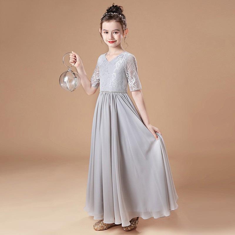 ドレス 女の子 礼服 子供服 ワンピース キッズ ジュニア フォーマル 発表会 結婚式 演奏会 プリンセス ロング丈 チュール プリーツ 紺 オフホワイト グレー 上品 高級感 かわいい おしゃれ オールシーズン ポリエステル 素材 裏地 フレア 切り替