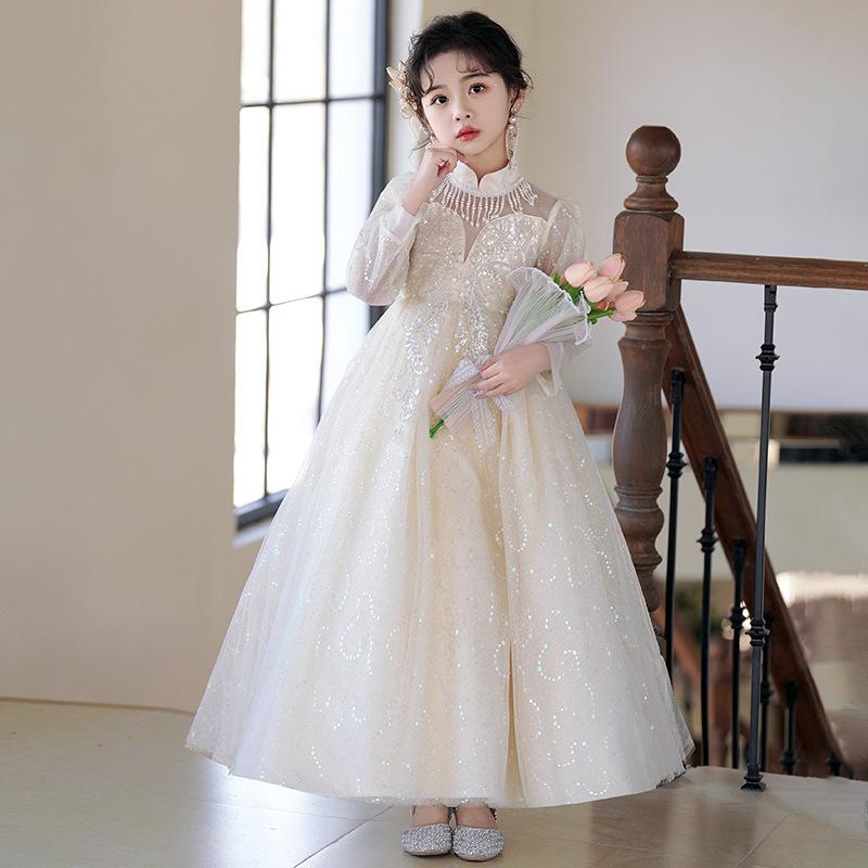 ドレス 女の子 ジュニア プリンセス ロング イブニング シャンパン ホワイト 高級感 長袖 発表会 誕生日 結婚式 ピアノ 舞台衣装 フォーマル オールシーズン 上品 エレガント フレア プリーツ リボン シフォン ポリエステル ギャザー サテン