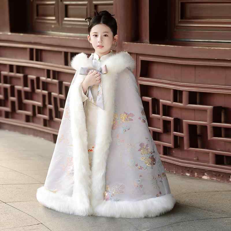 マント 女の子 キッズ 漢服風 中華風 中国伝統衣装 ケープ ポンチョ 子供服 秋冬 厚手 防寒 フード 保温 暖かい アウター 羽織り コート かわいい プリンセス お出かけ 七五三 お正月 ピンク 花柄 刺繍