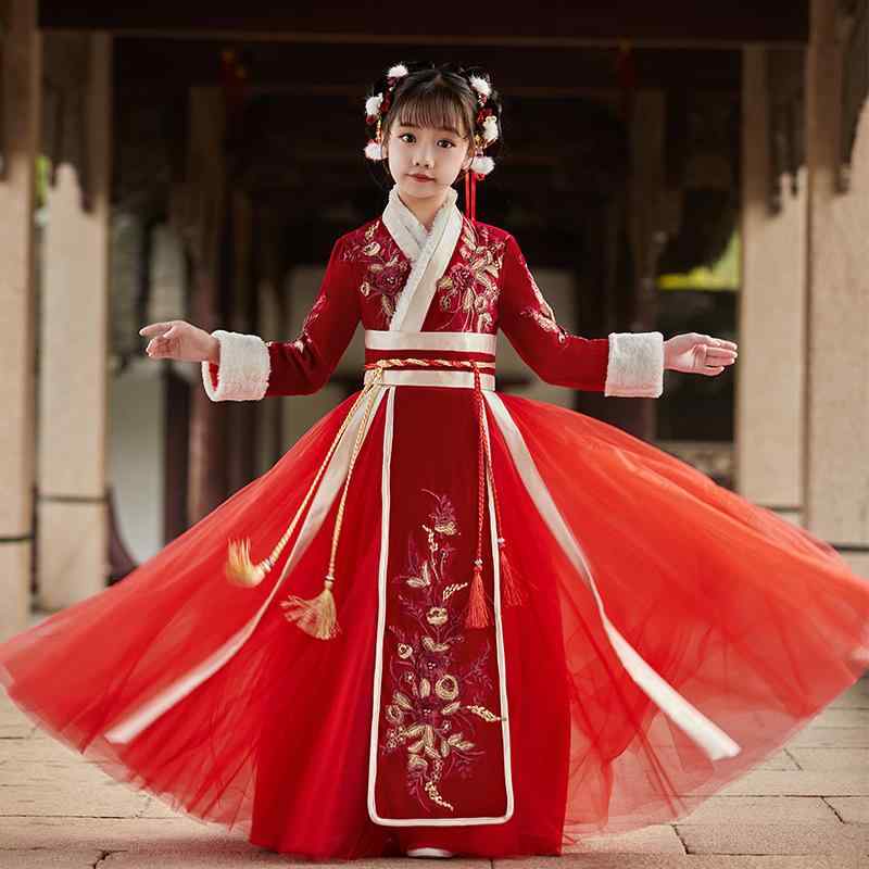 唐装 女の子 漢服 民族衣装 中国風 襦裙 チャイナドレス コスチューム 子供 キッズ ジュニア お正月 新年 挨拶用 厚手 裏起毛 暖かい 保温 花柄 フラワーガール ドレス プリンセス エレガント かわいい 秋冬 亜麻 リネン 混紡 発表会 七五三