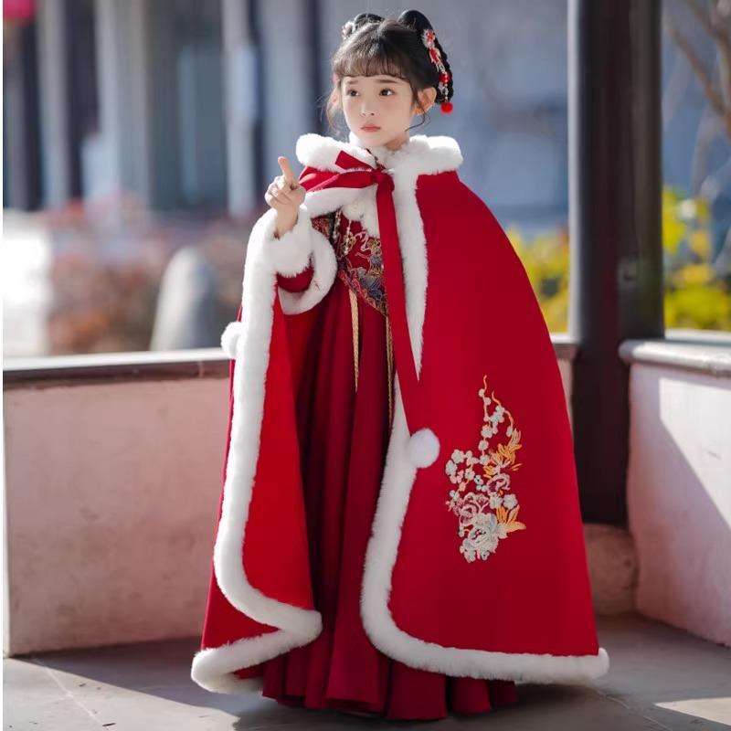 チャイナドレス 女の子 キッズ ワンピース 漢服 唐装 民族衣装 秋冬 お正月 新年 挨拶 花柄 プリント 柔らかい プリンセス風 長袖 ポリエステル ワインレッド 子供服 ガールズ フォーマル 伝統的 かわいい 華やか
