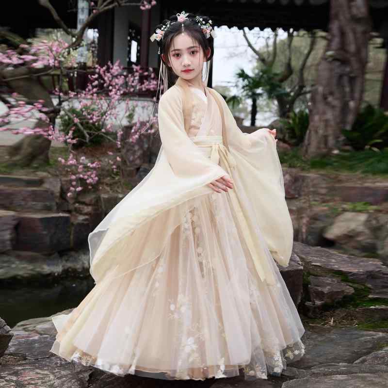 漢服 女の子 ジュニア キッズ コスチューム 中華風 スカート 羽織 伝統的 花柄 刺繍 かわいい お姫様 プリンセス エスニック ステージ衣装 イベント パーティー 発表会 柔らかい ポリエステル 混紡 オールシーズン