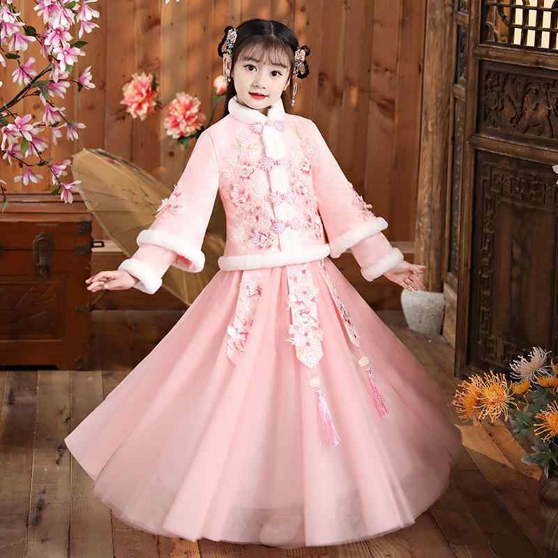 チャイナドレス 漢服 唐装 女の子 ベビー キッズ 秋冬 厚手 中綿 防寒 かわいい 花柄 刺繍 ピンク お正月 七五三 発表会 コスチューム プリンセス リネン 麻 混紡