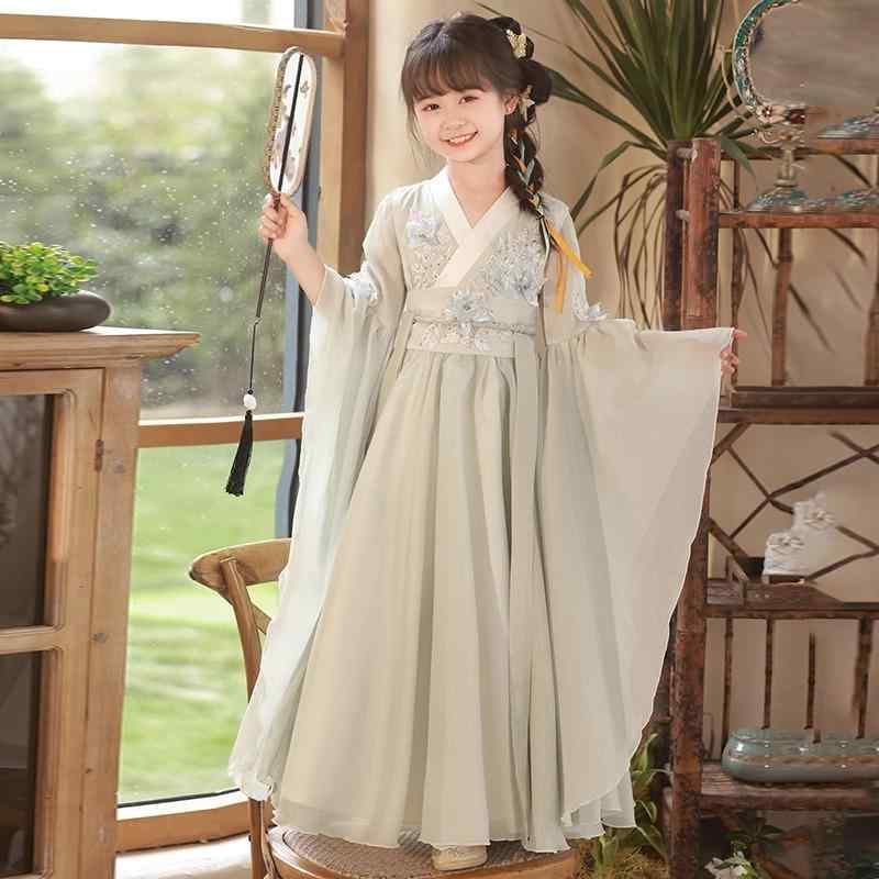 漢服 女の子 子供用 民族衣装 ロングドレス 魏晋風 ワンピース レトロ エレガント かわいい 花柄 ポリエステル 緑 オールシーズン お出かけ コスプレ 発表会 柔らかい 快適 プリンセス 伝統衣装 華やか 優雅 撮影