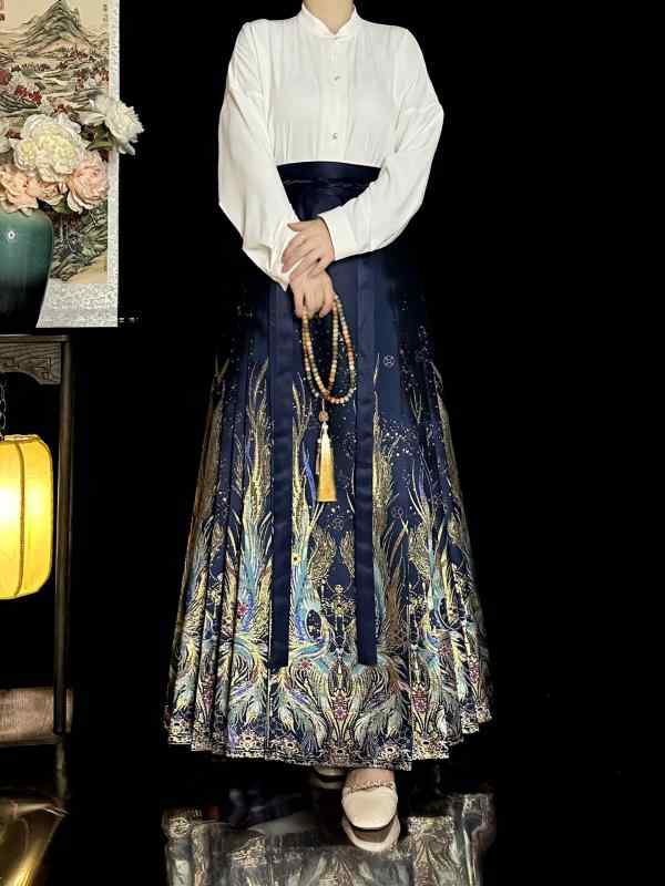 馬面スカート レディース 漢服 チャイナ プリーツ ロング丈 鳳凰 刺繍 金糸 高級感 豪華 ネイビー レッド ブラック ポリエステル 春夏 伝統工芸 モダン 民族衣装 ボトムス ジャガード 織り 華やか 撮影