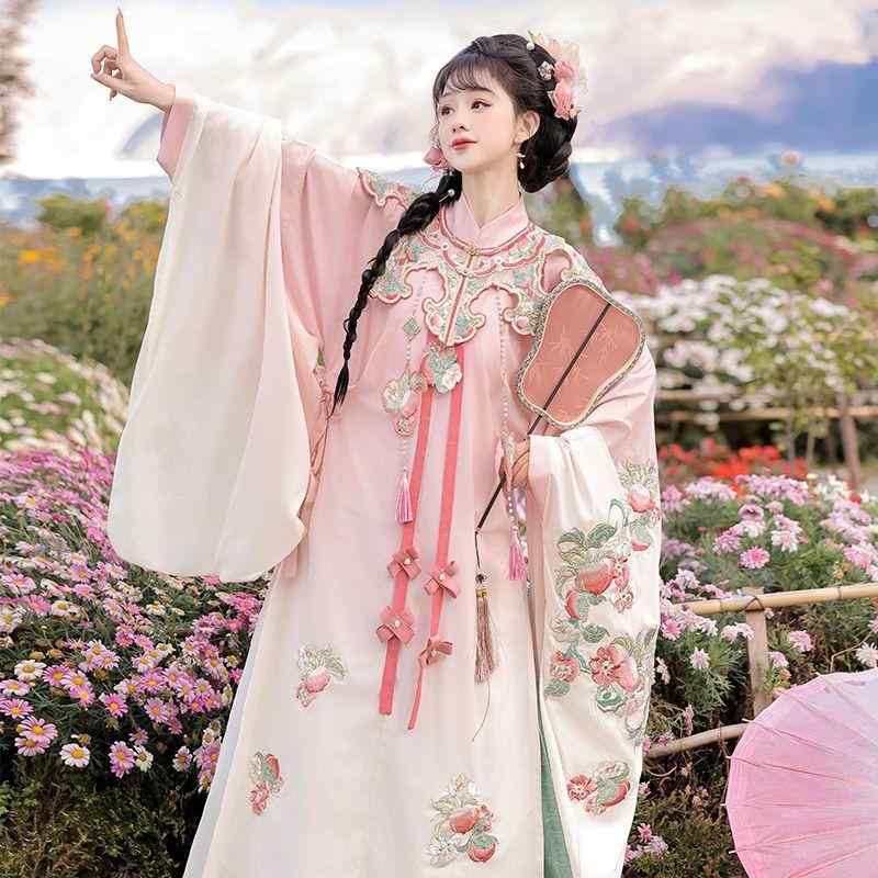 漢服 メンズ レディース セットアップ 明代スタイル 立ち襟 斜め襟 ロングシャツ プリーツスカート ショール 豪華刺繍 花柄 普段使い オールシーズン ピンク ポリエステル 高級感 伝統衣装 中国服 民族衣装