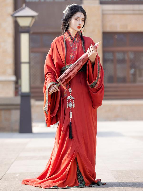 漢服 レディース 戦国時代風 復元 ロング丈 引き裾 伝統衣装 和服風 民族衣装 広袖 ポリエステル 豪華 高級感 優雅 赤 黒 白 オールシーズン 普段使い イベント 撮影用 舞台衣装 華やか｜フロントップ店