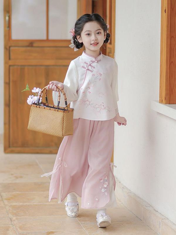 漢服 女の子 キッズ 唐装 長袖 春秋 ピンク かわいい プリンセス系 ストライプ 中国風 レトロ 発表会 七五三 記念写真 ポリエステル 通気性 ソフトな 110-160cm