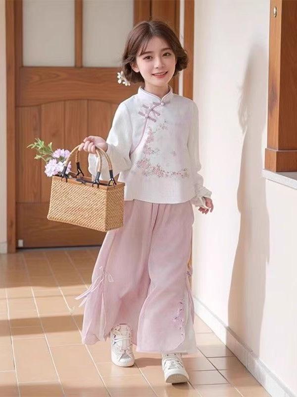 漢服 女の子 キッズ セットアップ チャイナドレス 唐装 モダン 古風 フェアリースタイル かわいい 長袖 オールシーズン ポリエステル ピンク ブルー ストライプ柄 柔らかい 高級感 普段使い 部屋着 発表会 中華風