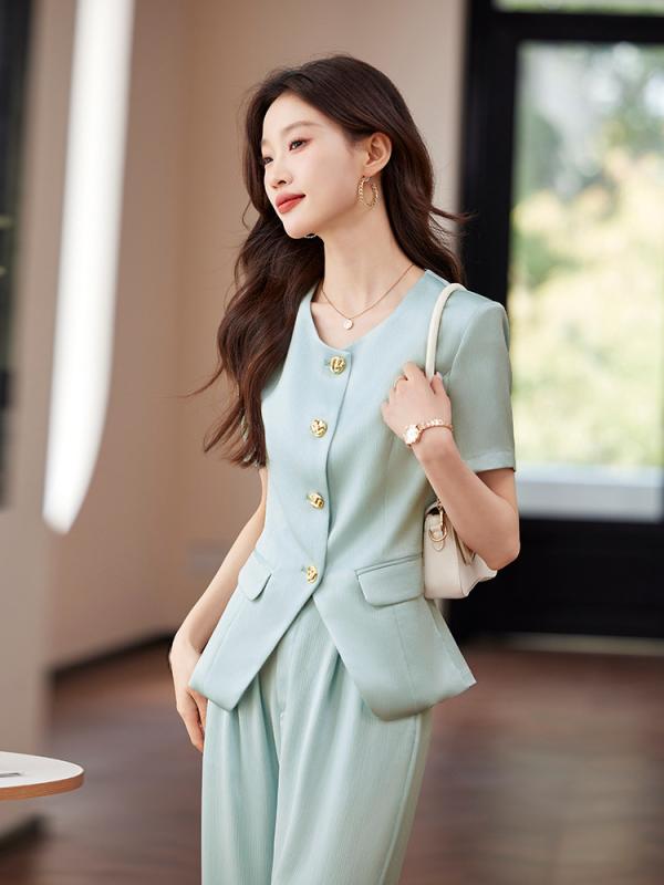 セットアップ レディース 半袖 スーツ 春夏 事務服 受付 接客 黒 ピンク ホワイト 無地 ズボン ロングパンツ ノーアイロン ポケット ポリエステル ストレッチ カジュアル フォーマル 高級感