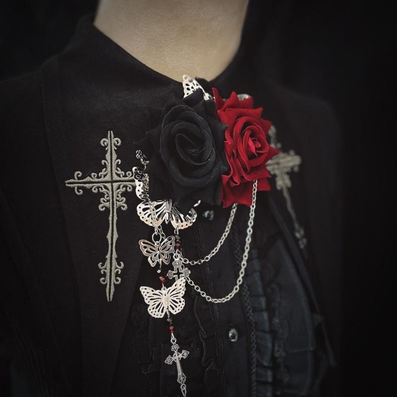 ブローチ レディース コサージュ ヘアクリップ 髪飾り ダークゴシック バラ 薔薇 蝶 バタフライ ロリータ ハロウィン アクセサリー モアサナイト ジルコニア バイカラー 配色 秋冬 パーティー ゴスロリ アンティーク風 シック 華やか ギフト